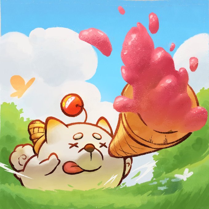 "Happy Hump Day!" is written above the image of the cat with an ice cream cone, which has pink icing splattered all over it. The caption encourages people to share their best joke for a fellow Lunacian to make them smile today.