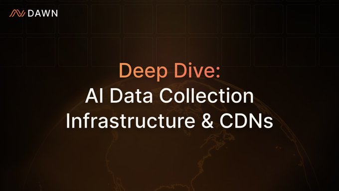 A dark promotional graphic with a grid background and faint globe imagery features the "DAWN" logo in the top left, with the title text reading "Deep Dive: AI Data Collection Infrastructure & CDNs." The image serves as a title slide introducing a discussion on the massive $7 trillion projected investment in AI data infrastructure and the role of TitanNet DAO in the data ecosystem.
