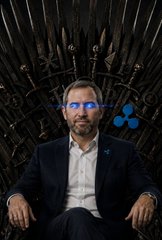 The image features a man sitting in front of a throne-like chair, wearing a suit and glasses with blue eyes that appear to be glowing. The background includes a large metal sword and shield, which are part of a larger scene depicting a castle or palace setting. The caption "Ripple is X. R. P." suggests the presence of Ripple, an online payment platform, in the image.