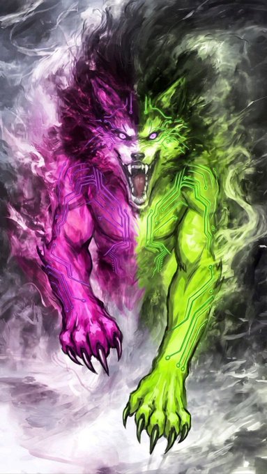 A snarling wolf creature with a split color scheme—one side magenta and the other neon green—features circuit board patterns across its muscular body, surrounded by swirling mist.