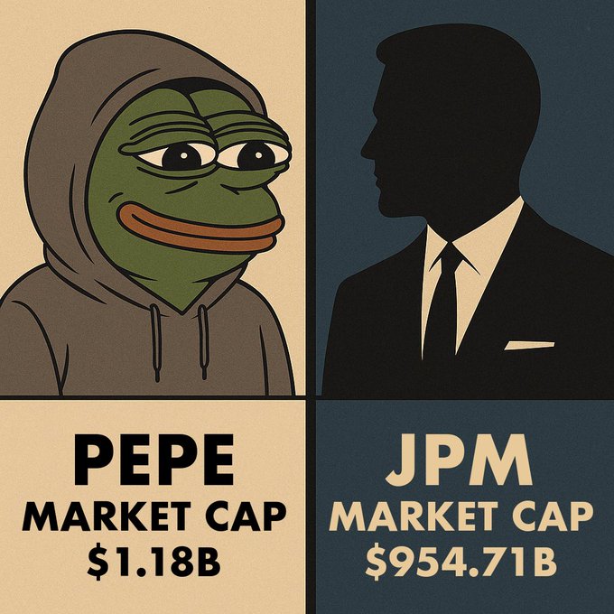 A comparison graphic contrasts the Pepe meme frog with a JPM silhouette, displaying market caps of $1.18B and $954.71B respectively.