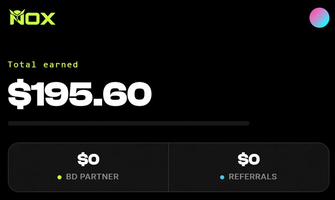 A dashboard from NOX displaying a total earned balance of $195.60, with $0 from "BD PARTNER" and $0 from "REFERRALS," supporting the post's promotion of the $NOX rewards campaign by showing a user's accumulated earnings from the Epoch 1 claim.