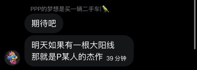 A screenshot of a Chinese chat conversation where 'PPP' mentions their dream is to buy a used car, with a reply reading '期待吧' (Wait and see) and another joking about a 'sun ray' being P's masterpiece tomorrow.