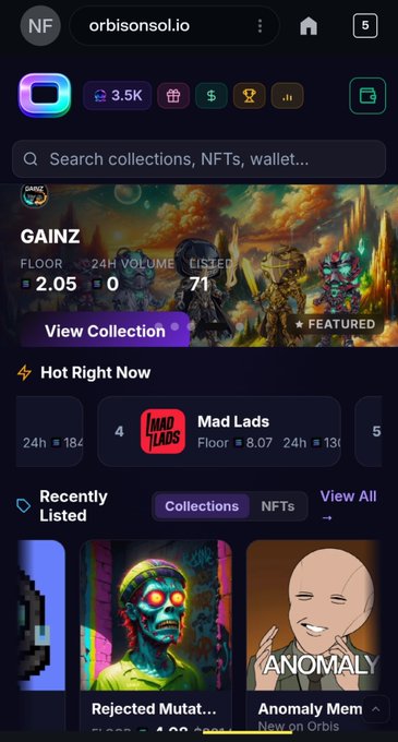 Screenshot of an NFT marketplace on orbisonsol.io showing a 'GAINZ' featured collection with a floor price of 2.05 and 71 listed, along with 'Hot Right Now' and 'Recently Listed' sections featuring 'Mad Lads', 'Rejected Mutant...', and 'Anomaly Men'.