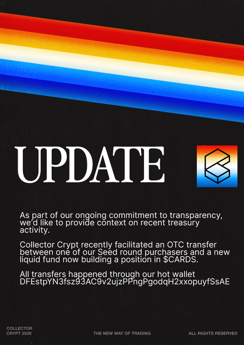 A "Collector Crypt" branded transparency update announcement features a colorful rainbow stripe across the top and explains that the company facilitated an OTC transfer between a Seed round purchaser and a new liquid fund building a position in $CARDS, with a Tron wallet address (DFEstpYN3fsz93AC9v2ujzPPngPgqodqH2xxxopuyfSsAE) provided for verification.