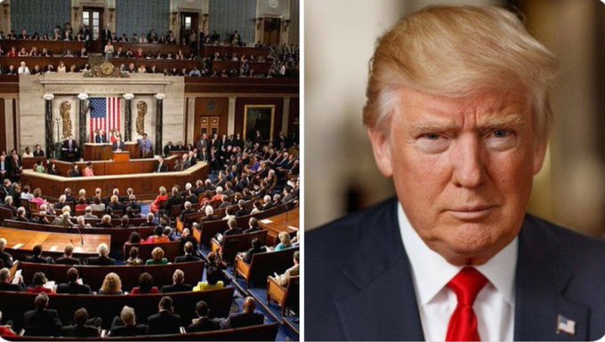 This image shows a split view of the U.S. House of Representatives and a close-up of Donald Trump. The juxtaposition suggests a commentary on political and economic power, possibly implying that while attention is focused on political figures, significant shifts like institutional demand for Bitcoin are happening behind the scenes.