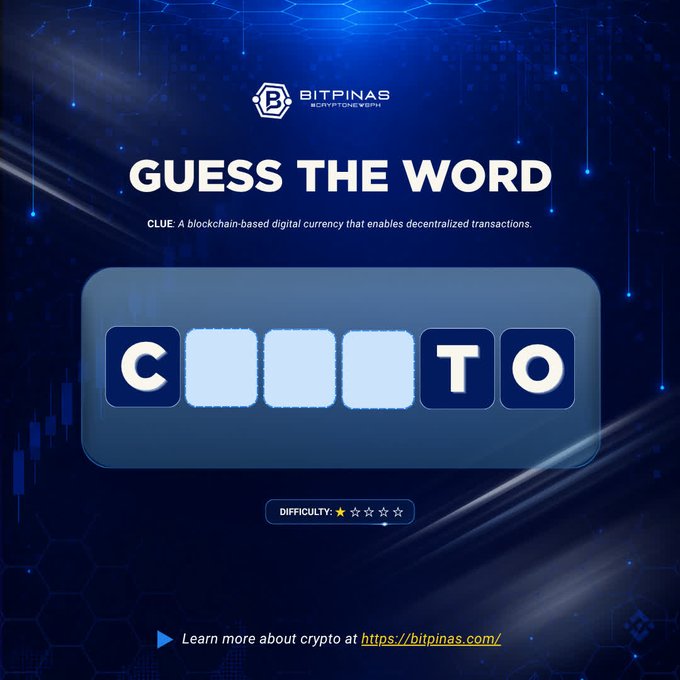 A blue-themed "GUESS THE WORD" puzzle by BITPINAS CRYPTONEWS, with the clue "A blockchain-based digital currency that enables decentralized transactions," revealing the letters C and TO.