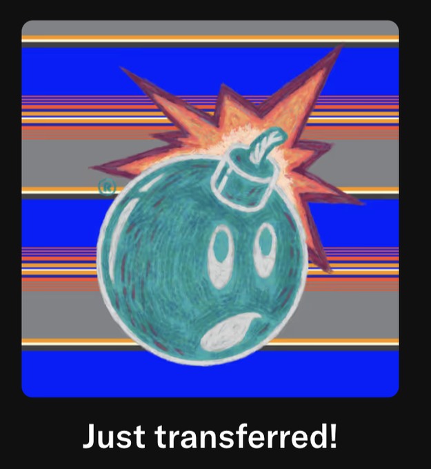 A cartoon-style illustration of a surprised blue bomb character with an explosion behind it, with the text 'Just transferred!' at the bottom.