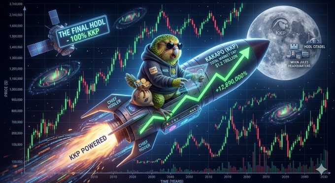 A meme-style promotional image featuring a sloth in a hoodie riding a rocket through a stock chart, with text reading 'THE FINAL HODL -100% KKP', 'K.KNAPO (KK) TOTAL GAIN +$12 TRILLION', '+12,890,000%', 'KKP POWERED', 'CHIEF HODLER', 'CHIEF BOOSER', 'HODL CITADEL', and 'MOON JULES HEADQUARTERS'.