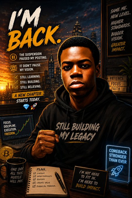 A motivational poster features a young man in a black hoodie with text including 'I'M BACK.', 'STILL BUILDING MY LEGACY', 'THE SUSPENSION PAUSED MY POSTING. IT DIDN'T PAUSE MY VISION.', and 'A NEW CHAPTER STARTS TODAY.'