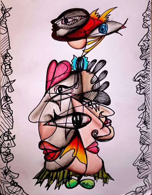 A surreal, abstract mixed-media drawing featuring fragmented facial features, eyes, fish, and floral elements with chaotic black line work.