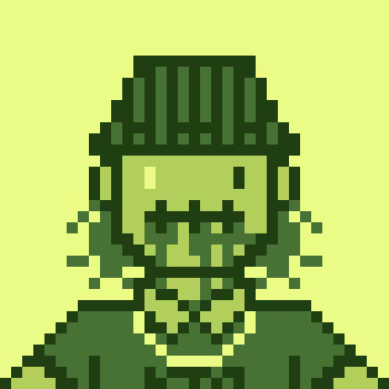 A pixel art portrait of a figure wearing a green military-style helmet and uniform in various shades of green against a solid pale green background.