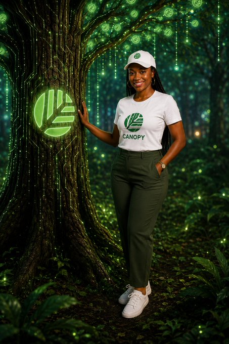 A woman smiles beside a large tree emblazoned with a glowing "CANOPY" logo, wearing a "CANOPY" t-shirt and matching cap in a magical, glowing forest setting. The image visually reinforces the post's message about $CNPY Network's Canopy protocol by symbolically presenting the brand as a rooted, luminous force in the ecosystem.