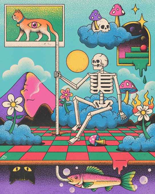 A psychedelic illustration featuring a skeleton sitting on a red-and-green checkered platform, surrounded by mushrooms, clouds, a cat with an eye on its side, and an underwater fish below.