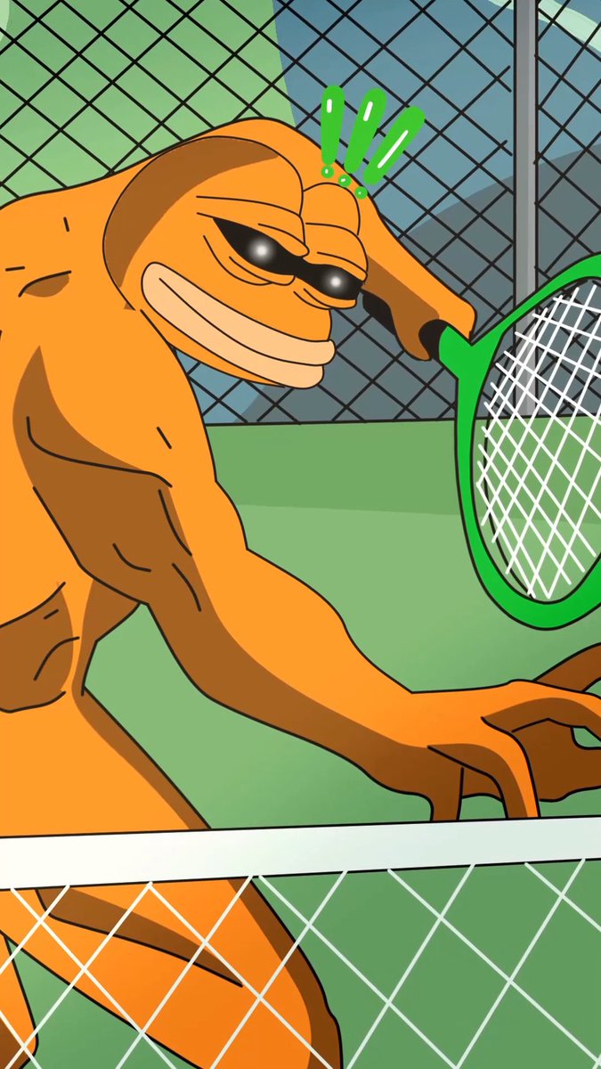 A cartoon illustration of an orange, muscular figure with a menacing grin holding a tennis racket on a tennis court, with green exclamation marks above its head.