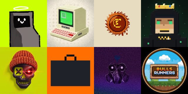 A collage of pixel art and digital icons featuring a tombstone, retro computer, glitchy coin, crowned character, skull with a beanie and laser eye, briefcase, gas mask, and a "Bulls Runners" logo—visually echoing the post's themes of automation, anonymity, and the gritty mechanics behind NFT trading.