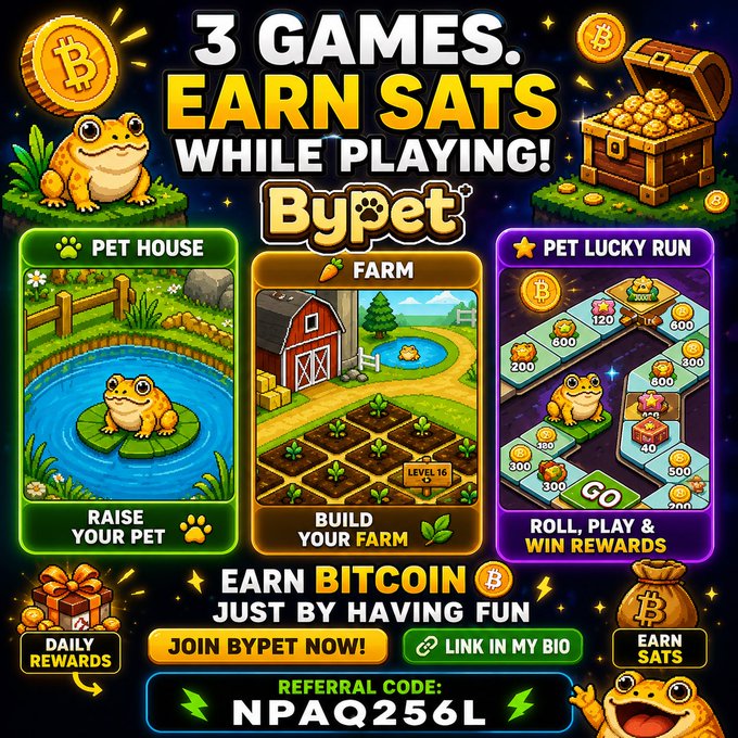 Promotional graphic for 'Bypet' advertising '3 GAMES. EARN SATS WHILE PLAYING!' featuring cartoon frogs in Pet House, Farm, and Pet Lucky Run minigames, with referral code 'NPAQ256L' and Bitcoin reward imagery.