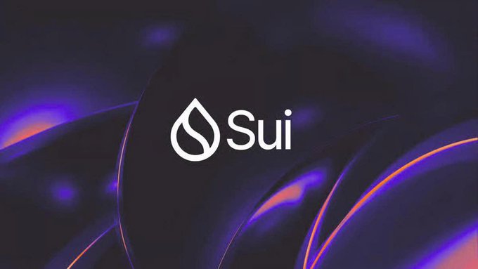 The Sui cryptocurrency logo displayed against a dark purple background with abstract curved light effects.