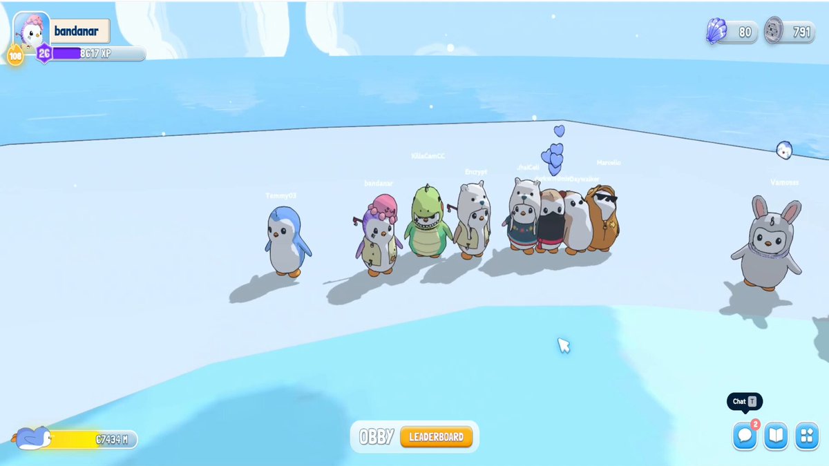 The image shows a group of small cartoon penguins standing together on a snowy surface with water nearby. The penguins are facing different directions, giving an impression that they might be exploring or playing around. In the background, there's a blue sky and clouds, adding to the wintery atmosphere. A post has been made about this game called "@PudgyWorld". It seems like someone posted their progress in the game, possibly for others to see how well they did on the challenging climb up the snowy mountain or treehouse. The post also mentions that there is a $PENGU reward available for those who complete the challenge successfully.