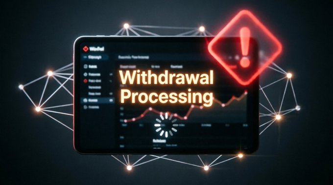 A digital tablet displays 'Withdrawal Processing' with a loading spinner, surrounded by a red warning icon and a network of glowing nodes.