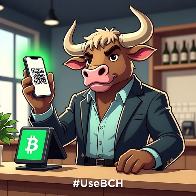 An animated anthropomorphic bull in a business suit holds a smartphone displaying a QR code, standing behind a counter with a Bitcoin symbol and the hashtag '#UseBCH' below.