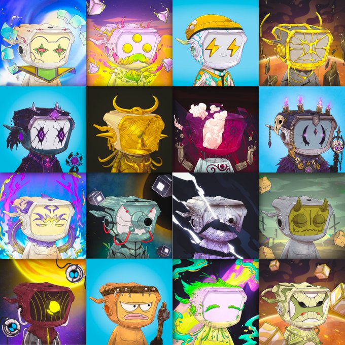 A 4x4 grid of stylized, square-headed cartoon character NFT artworks in various colorful designs and themes.