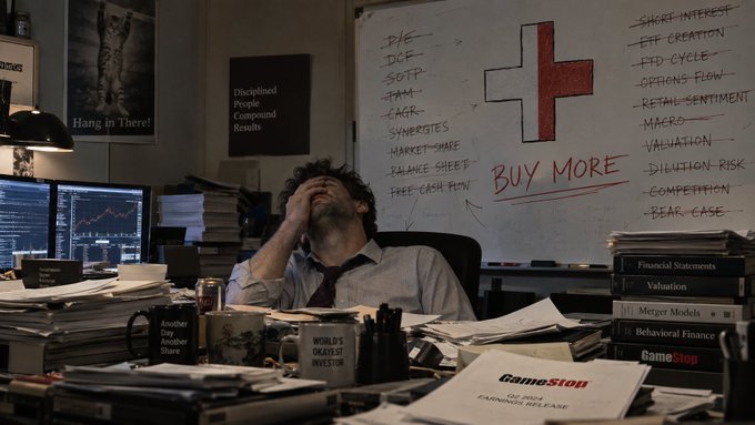 A stressed-looking man sits at a desk in a dim office, holding his head in his hand, with a whiteboard behind him reading 'BUY MORE' with a red cross and financial terms like 'P/E', 'DCF', 'SHORT-INTEREST', and 'FUD CYCLE'; documents labeled 'GameStop' and 'Merger Models' are stacked on the desk.