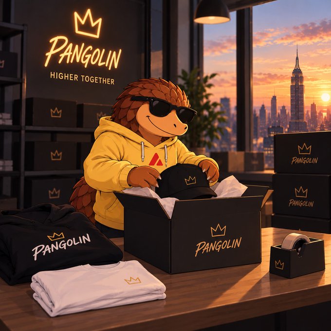 A cartoon pangolin wearing sunglasses and a yellow hoodie carefully packs branded Pangolin merchandise—including apparel, hats, and tape—into a crown-logoed box at a sunset-lit packing station, embodying the post's message of thoughtful preparation for new community members.