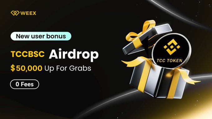 A promotional banner for WEEX featuring a "TCCBSC Airdrop" with "$50,000 Up For Grabs" for new users, displaying gift boxes with the WEEX logo and a TCC TOKEN coin, advertising a 0-fee trading event running from July 6-13, 2026 (UTC+8).