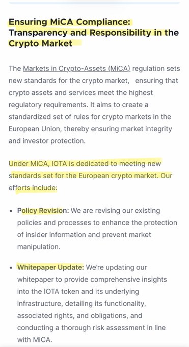 The image highlights IOTA's commitment to MiCA compliance through policy revisions and whitepaper updates to align with EU crypto regulations. The highlighted text emphasizes "Ensuring MiCA Compliance" and "Under MiCA, IOTA is dedicated," reinforcing the post's message that IOTA's MiCA efforts are now formally documented.