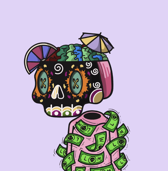 A colorful illustration of a decorated sugar skull with an exposed brain wearing small umbrellas, floating above a pink jar overflowing with money.