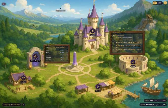 A colorful fantasy kingdom game interface showing a castle, arenas, stables, markets, and resource production buildings with various UI panels.