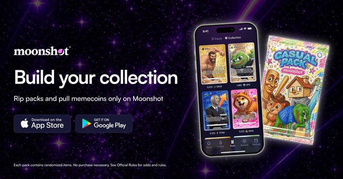 The Moonshot app advertisement displays "Build your collection" with the tagline "Rip packs and pull memecoins only on Moonshot," alongside a "Casual Pack" featuring a Sneez mascot character and a phone interface showing various memecoin cards including "Peanut" and "Jake." The image aligns with the accompanying post by showcasing the pack-ripping experience as a fun, collection-based way to engage with memecoins, emphasizing the gamified aspect of discovering new tokens through surprise packs.