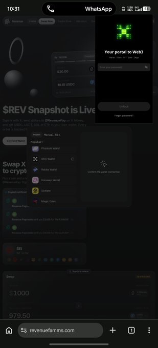 A screenshot of a mobile phone screen showing a dark-themed cryptocurrency application or website. A pop-up window reads "Your portal to Web3" and "Enter your password", above an "UNLOCK" button and text asking "Forgot password?".