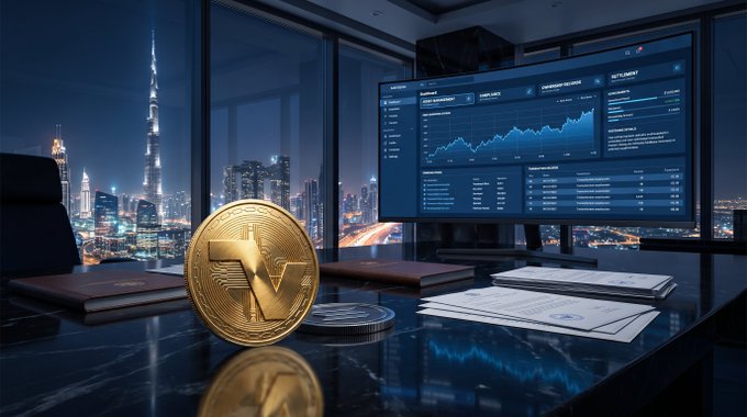 A golden cryptocurrency coin with a 'V' symbol sits on a desk in a modern office overlooking the Dubai skyline, with monitors displaying trading charts in the background.