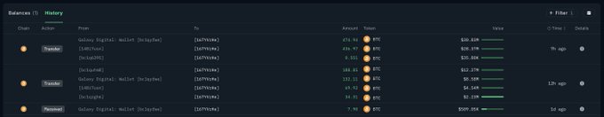 A dark-themed Nansen Balances history table displays recent BTC transactions, highlighting transfers of 614.95 BTC (~$40.9M) and 644.45 BTC (~$45.1M) from Galaxy Digital to an unidentified address, alongside other movements like 152.75 BTC (~$10.1M) and 69.75 BTC (~$4.6M), supporting the post's claim that a whale received 1,345.55 BTC worth ~$87.36M in the past 24 hours, including transfers from Galaxy Digital.