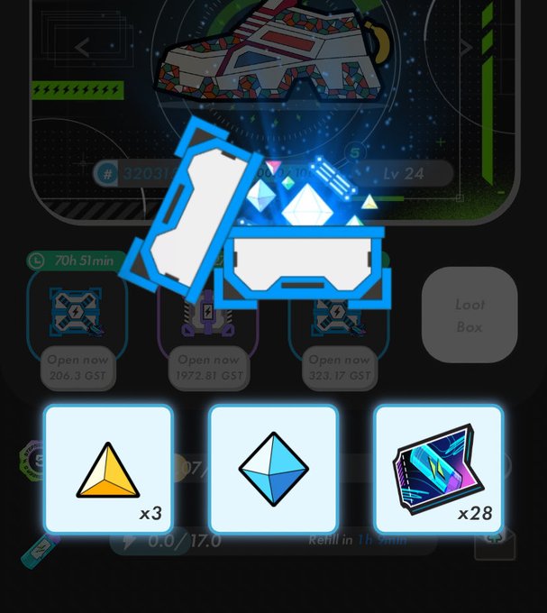 A screenshot from a mobile game interface showing loot boxes being opened, with rewards including a yellow triangular item (x3), a blue gem (x1), and colorful cards (x28).