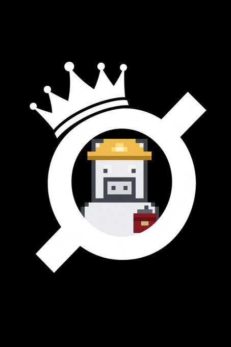A graphic logo featuring a pixel-art character wearing a straw hat inside a white circular symbol topped with a crown, set against a black background.