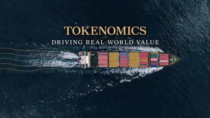 An aerial view of a cargo ship on the ocean with text 'TOKENOMICS - DRIVING REAL-WORLD VALUE'.