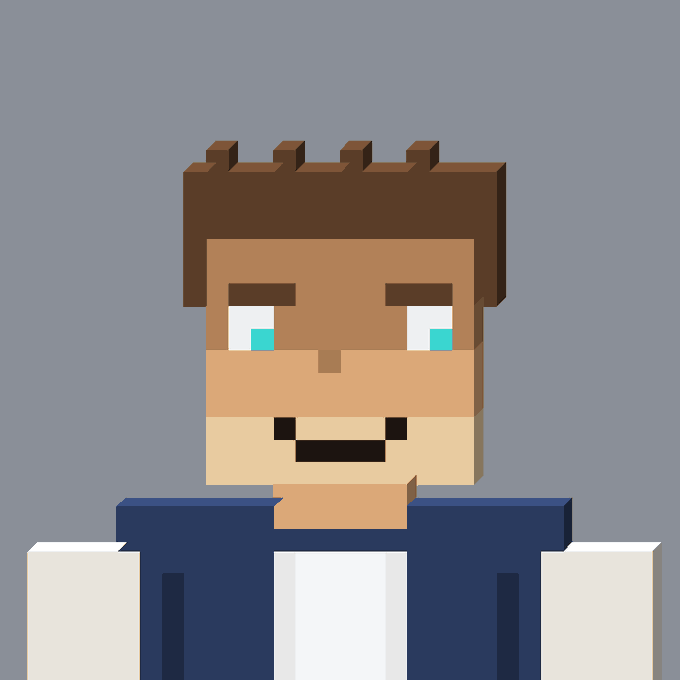 A voxel/pixel-art style portrait of a character with brown hair and a beard, with a white square face and teal eyes, set against a gray background.