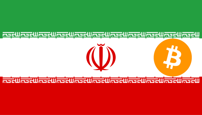 The image shows the Iranian flag with its characteristic green, white, and red horizontal stripes, red emblem in the center, and Kufic script borders, overlaid with the Bitcoin logo on the right side—visually representing Iran's increasing adoption of cryptocurrency for trade amid US sanctions.