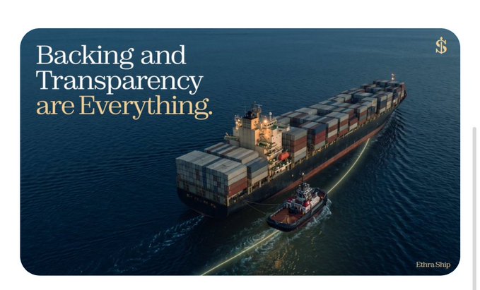 A promotional graphic shows a large container ship being guided by a small tugboat on the ocean, with the text 'Backing and Transparency are Everything' and the Ethira Ship logo.