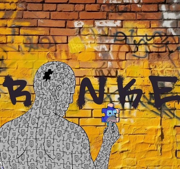 A street art mural on a brick wall reads "B RANK E" in black spray paint, featuring a figure covered in jigsaw puzzle pieces holding a small puzzle piece.