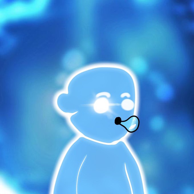 A glowing blue translucent figure with bright white eyes wearing a headset, set against a bokeh blue background.