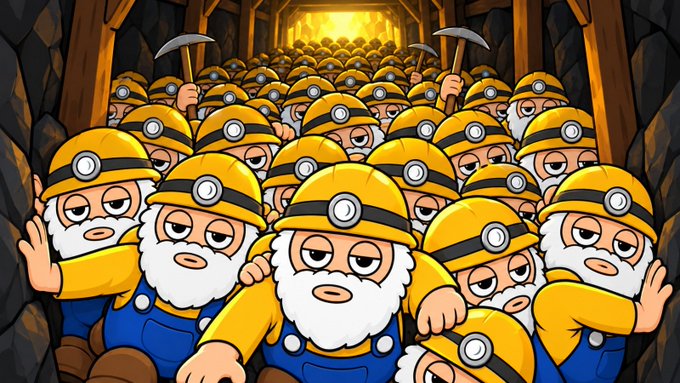 A massive crowd of cartoon miners wearing yellow helmets with headlamps, wielding pickaxes, are tightly packed inside a glowing mine tunnel, humorously illustrating the overwhelming rush of users attempting to access the October 3rd mint phases for the NFT collection. The dense gathering reflects the anticipated high traffic as participants compete through the Team Treasury, Guaranteed, FCFS, and Public phases starting at 4:00 PM UTC.