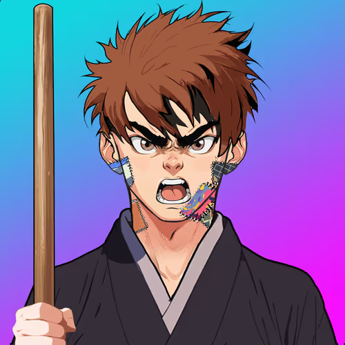 An anime-style illustration of a young man with spiky brown hair, fierce expression, and cybernetic jaw details, holding a wooden staff against a blue-to-pink gradient background.