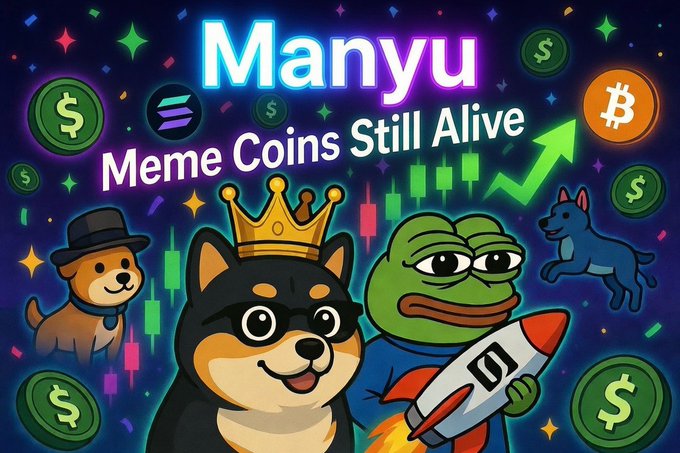 Colorful promotional graphic for 'Manyu - Meme Coins Still Alive' featuring cartoon mascots including a crowned Shiba Inu, Pepe the Frog holding a rocket, a dog, and a small character in a top hat, surrounded by dollar coins and Bitcoin symbols with an upward trending stock chart.