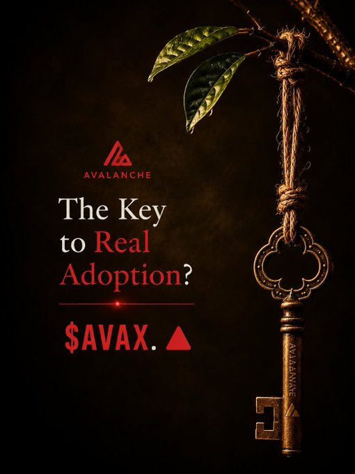 An ornate antique key branded "AVALANCHE" hangs from a rope alongside green leaves against a dark background, accompanied by the Avalanche logo and the text "The Key to Real Adoption? $AVAX," visually symbolizing AVAX as the unlocking mechanism for cryptocurrency adoption.