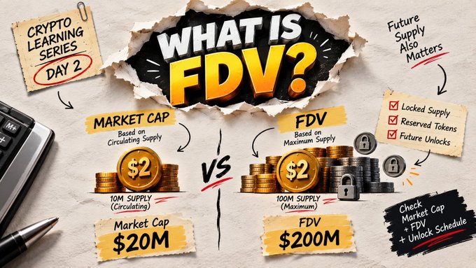 An educational crypto infographic titled 'WHAT IS FDV?' comparing Market Cap ($20M, based on 10M circulating supply at $2) versus FDV ($200M, based on 100M maximum supply at $2), with notes emphasizing that future supply, locked tokens, reserved tokens, and future unlocks also matter.