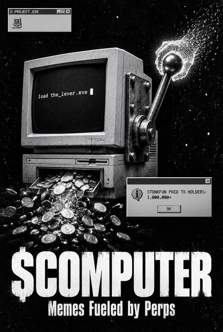A black-and-white meme featuring an old computer with the screen reading 'load_the_lever.exe' and coins pouring out, with text '$COMPUTER: Memes Fueled by Perps' and a notification 'STONKFUN PAID TO HOLDERS: 1,000,000+'.